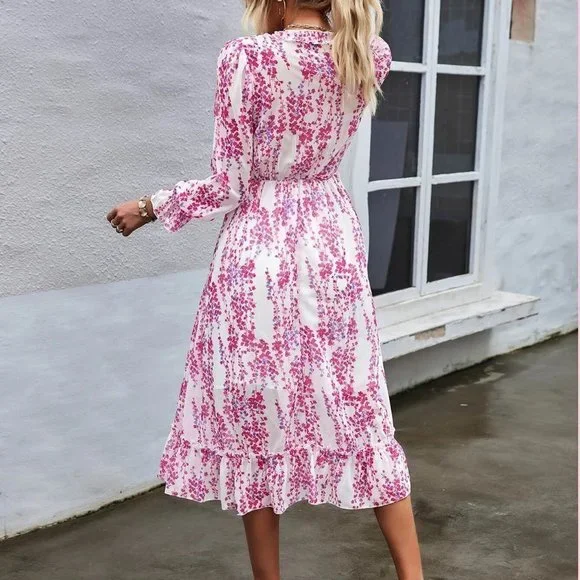 Pink Boho Womens Floral Print Flounce Sleeve Ruffle Hem Dress - Picture 2 of 5